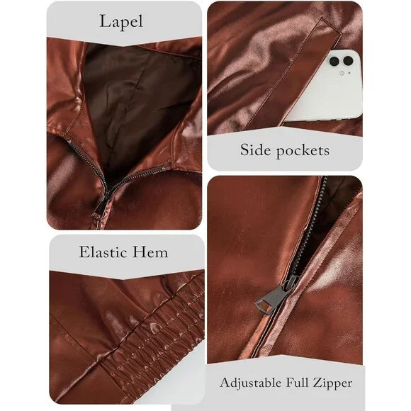 Women's Brown Faux Leather Casual Zip Up Trendy Bomber Motorcycle Jacket